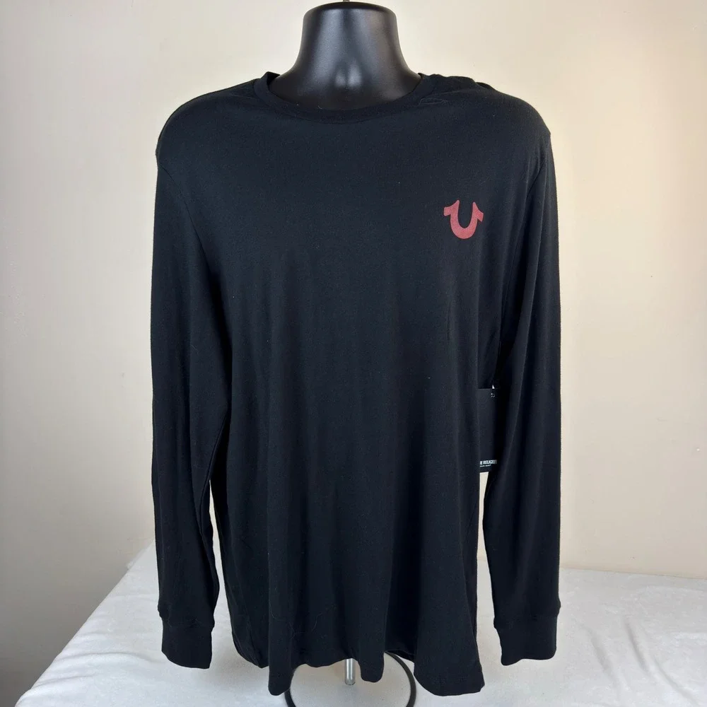 New True Religion Mens Long Sleeve Sidebar Tee Black Red Buddha 107818 Large